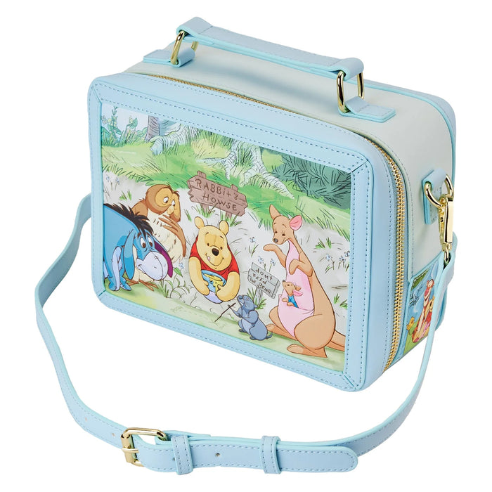 Overhead view of Loungefly Pooh bag with top handle and adjustable shoulder strap