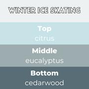 Winter Ice Skating wax melt scent card with citrus top note, eucalyptus middle note and cedarwood base on icy blue gradient background