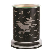 Unlit electric wax melt burner with witch and bat cut-out design in black metal

