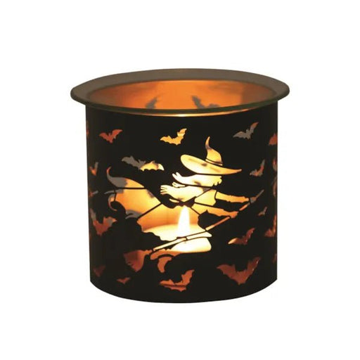 Halloween wax melt burner with witch flying on broom and bats, glass top

