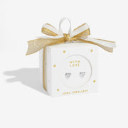 “White gift box with gold bow containing ‘With Love’ heart stud earrings”

