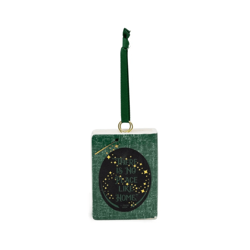 Back of the Wizard of Oz ceramic ornament with There Is No Place Like Home lettering and golden stars