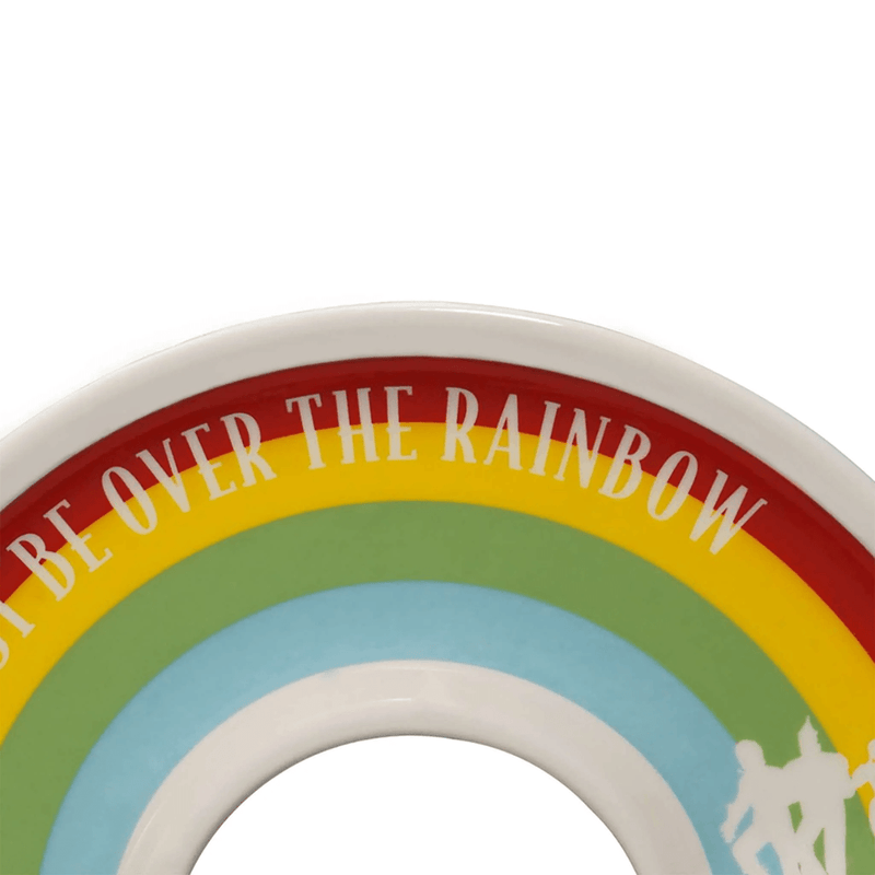 Close up of Wizard of Oz rainbow trinket dish showing over the rainbow quote