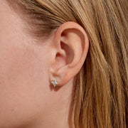 “Lifestyle image – silver starburst stud earring worn in ear lobe”
