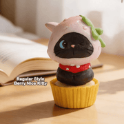 Berry Nice Kitty blind box figure wearing a pink fruit hood on a yellow base