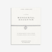 “Sentiment display card reading ‘A Little Wonderful Daughter’ with bracelet attached”
