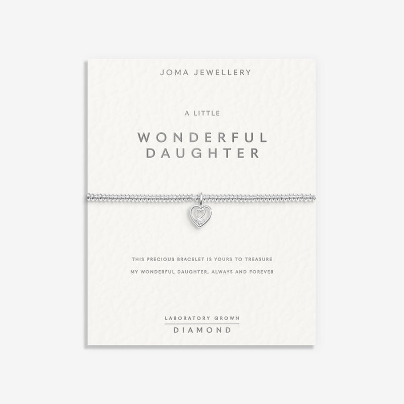 “Sentiment display card reading ‘A Little Wonderful Daughter’ with bracelet attached”
