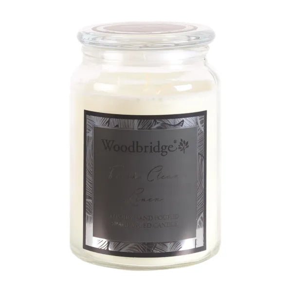 Woodbridge Fresh Clean Linen Scented Candle Jar – Jasmine & Musk - Something Different Gift Shop