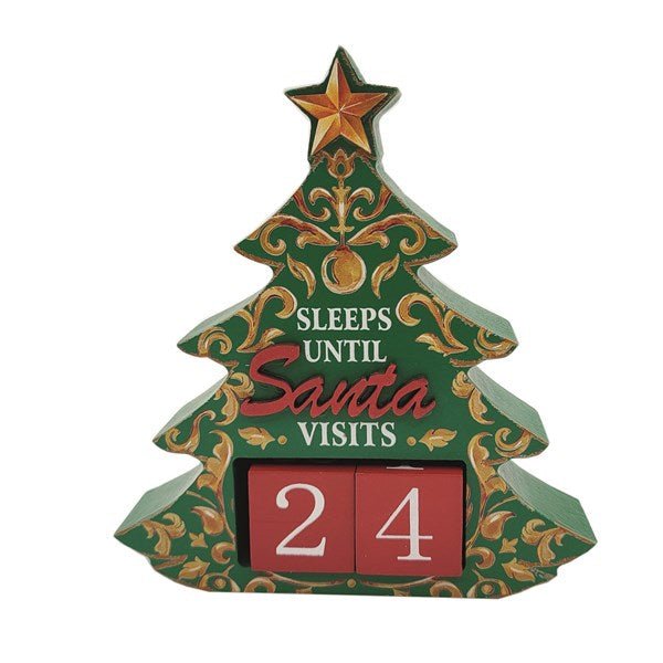 Green wooden tree advent calendar 15cm with gold detailing and red number blocks showing 24.