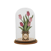 Mini wooden tulip flower dome with green tulips in heart-print pot