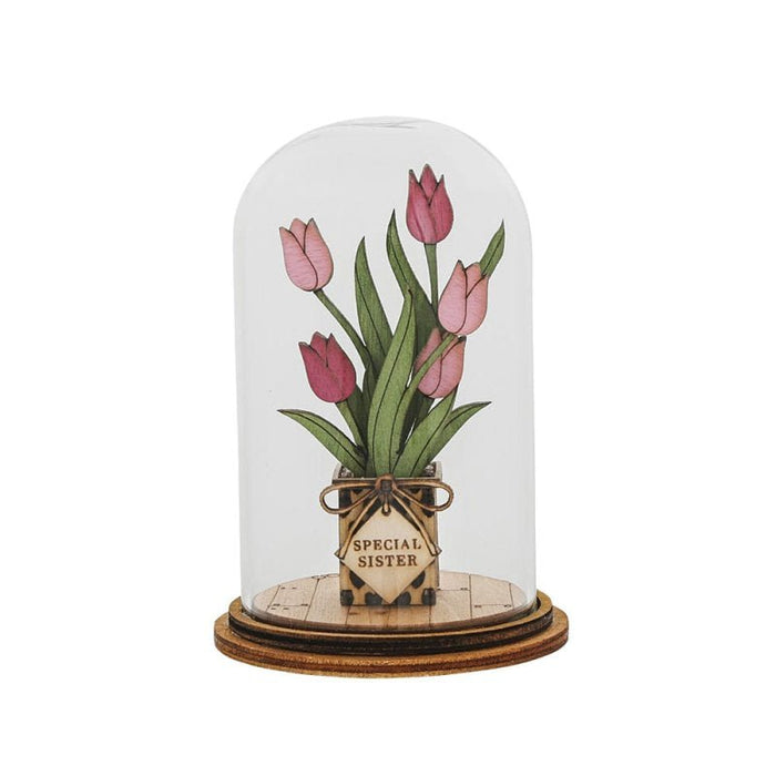 Mini wooden tulip flower dome with green tulips in heart-print pot