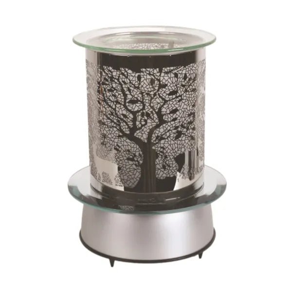 Unlit Electric carousel wax melt burner with mirrored deer and tree design, rotating

