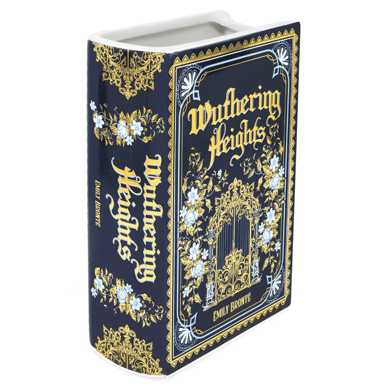 Wuthering Heights ceramic book vase shown at an angle with spine detail on a white background