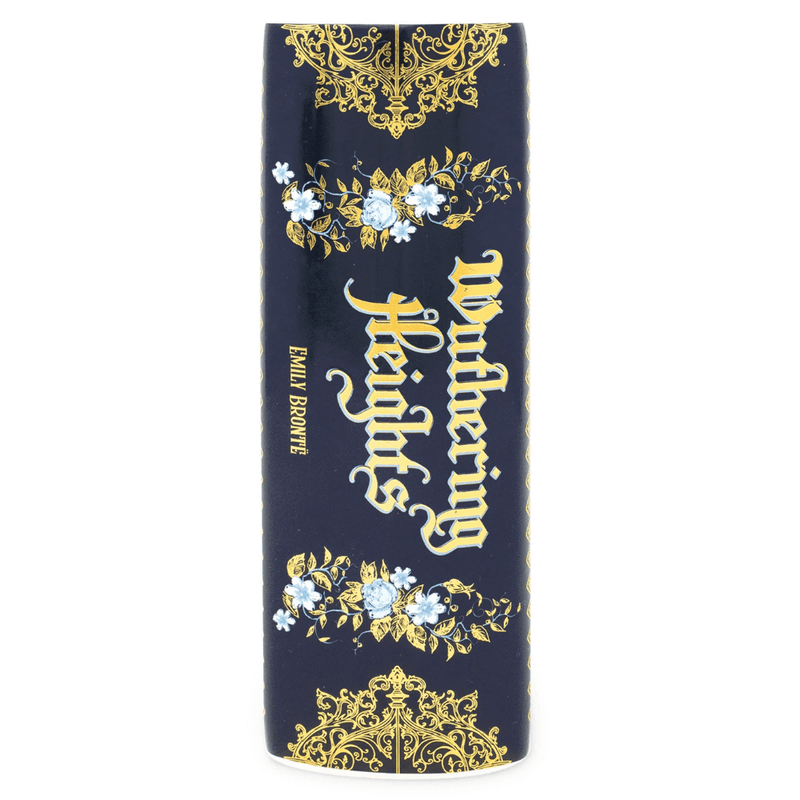 Spine view of Wuthering Heights ceramic book vase with gold floral detailing