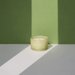 WXY juiced candle in pale green frosted glass styled in soft light against a green backdrop with long shadows.