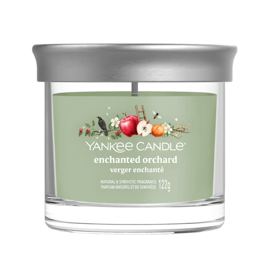 Yankee Candle Enchanted Orchard Signature tumbler scented candle with silver lid, green label, packshot on white