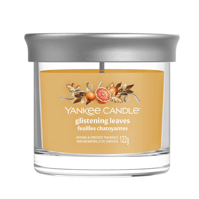 Yankee Candle Glistening Leaves Signature tumbler scented candle with silver lid, product packshot on white