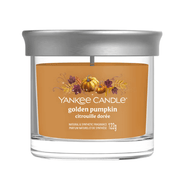 Yankee Candle Golden Pumpkin Signature tumbler scented candle with lid on, packshot on white