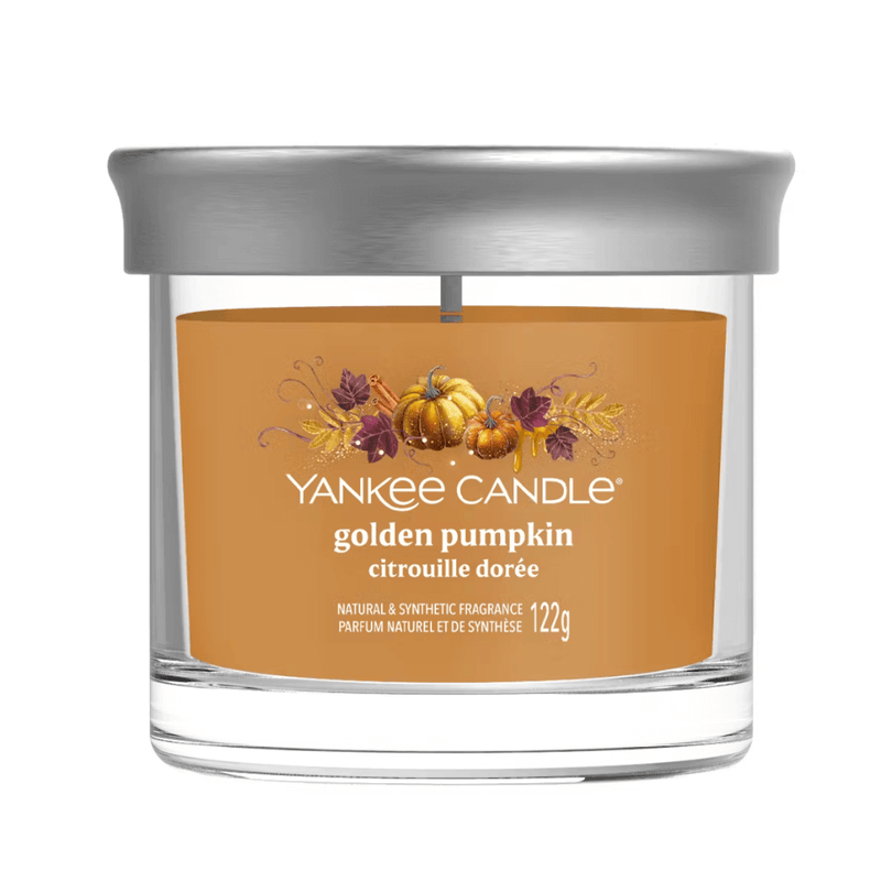 Yankee Candle Golden Pumpkin Signature tumbler scented candle with lid on, packshot on white