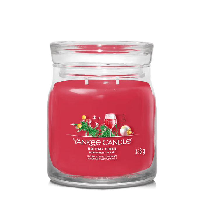 Yankee Candle Holiday Cheer large jar with festive label and rich red wax