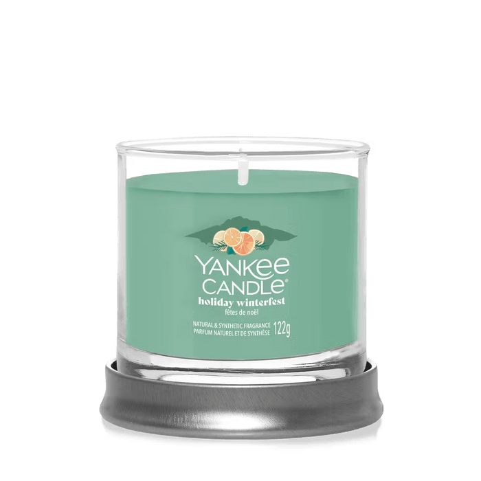 Holiday Winterfest small tumbler displayed on a round metal stand