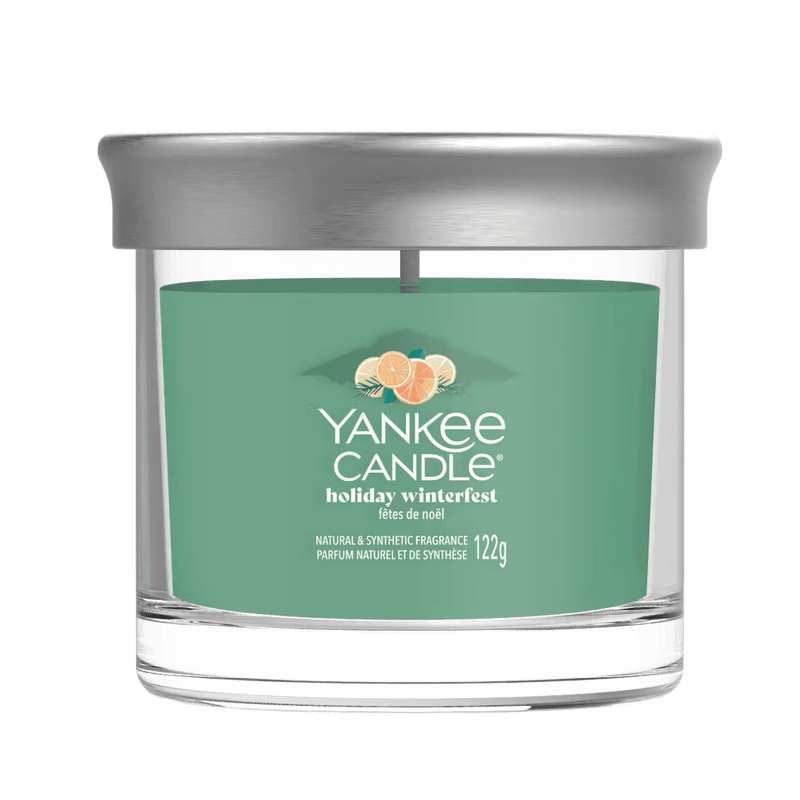 Yankee Candle Holiday Winterfest small tumbler with silver lid, teal wax