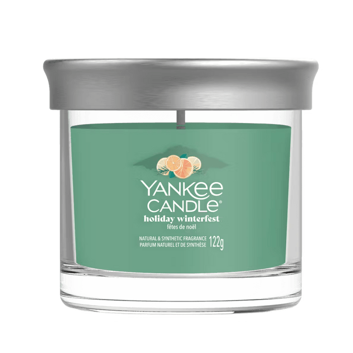Yankee Candle Holiday Winterfest small tumbler with silver lid, teal wax