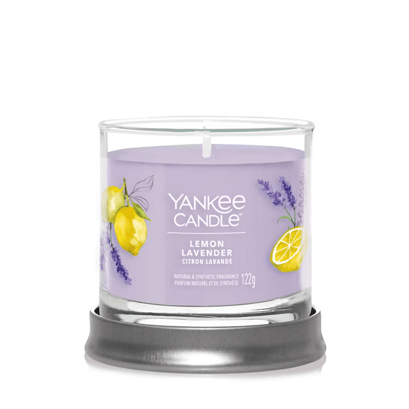 Yankee Candle Lemon Lavender Signature tumbler scented candle, lid used as base, product image on white