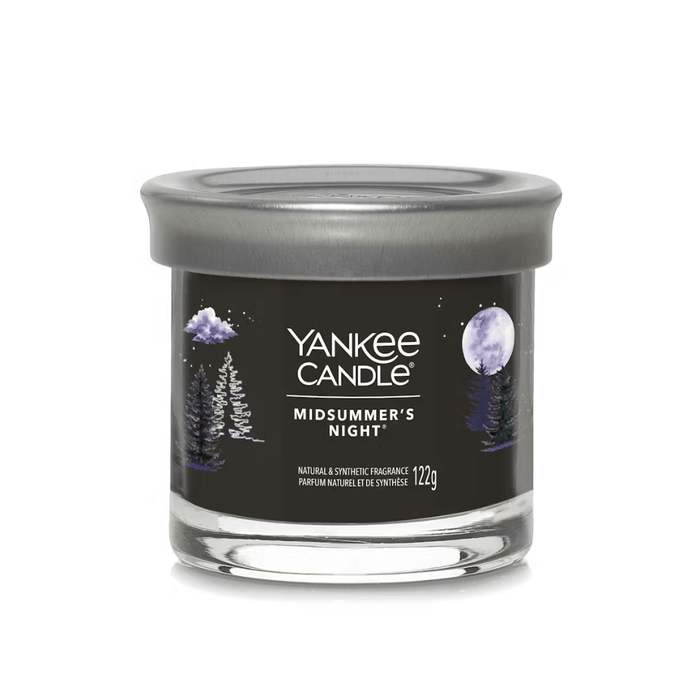 Yankee Candle Midsummer's Night Signature tumbler scented candle with silver lid, white background packshot