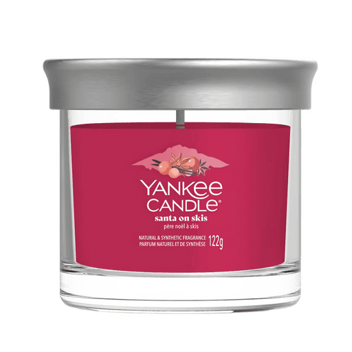 Yankee Candle Santa on Skis small tumbler with silver lid and red wax