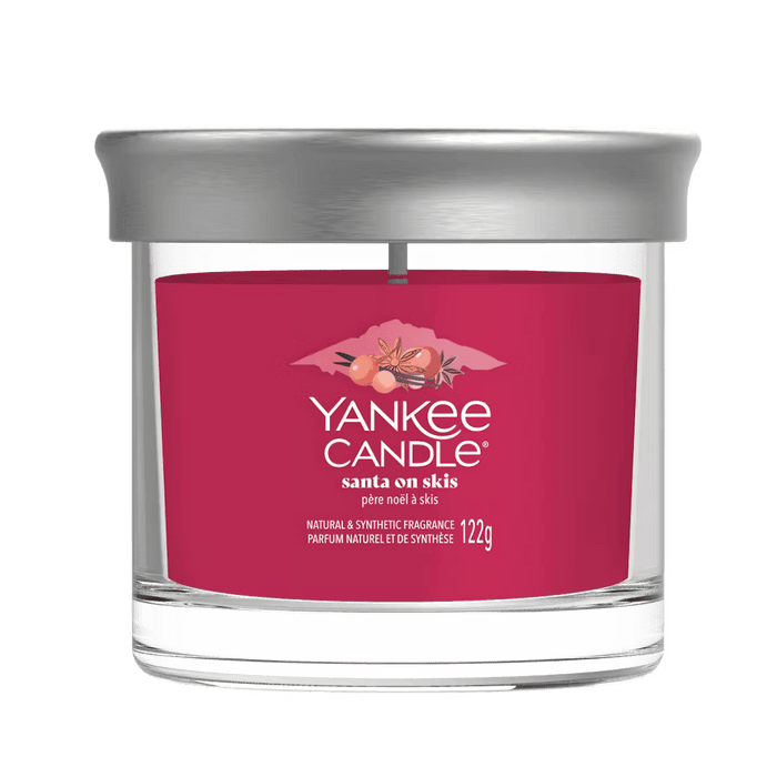 Yankee Candle Santa on Skis small tumbler with silver lid and red wax