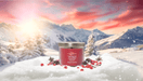 Santa on Skis candle on snowy mountain scene with red berries and star anise