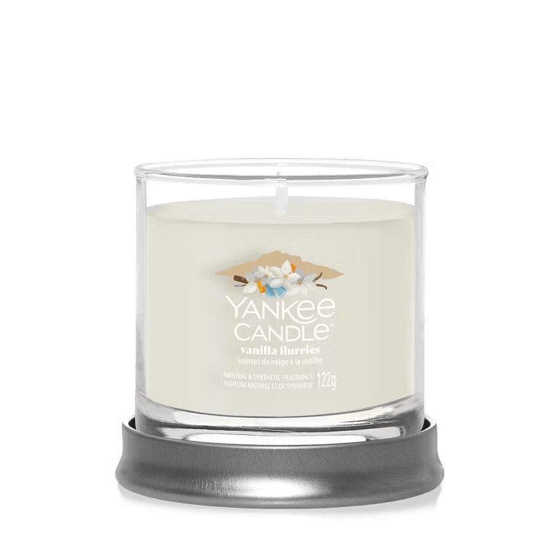 Vanilla Flurries small tumbler displayed on a round metal stand