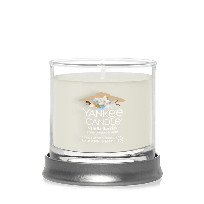 Vanilla Flurries small tumbler displayed on a round metal stand