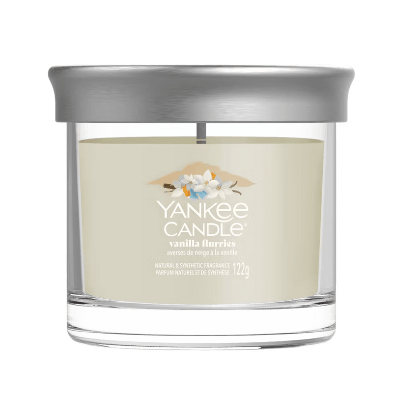 Yankee Candle Vanilla Flurries small tumbler with silver lid, creamy wax