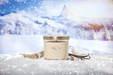 Yankee Candle Vanilla Flurries on snowy alpine scene with vanilla pods and orchid