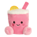Cute pink lemonade Palm Pals plush with soft pink body, white top, yellow lemon slice, straw and embroidered smile.