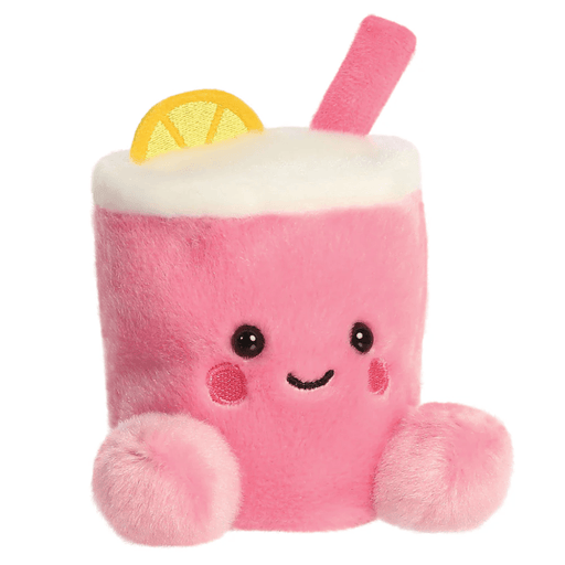 Angled view of Zelie Pink Lemonade Palm Pals plush with pink straw, lemon slice, smiling face and soft pink feet.