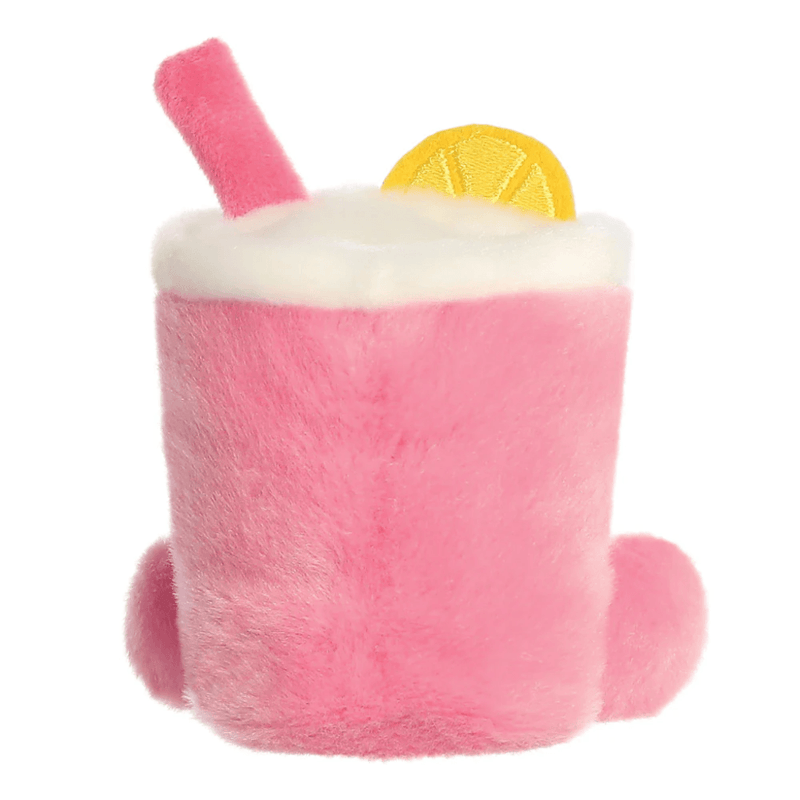 Back view of Zelie Pink Lemonade Palm Pals plush showing pink cup shape, fluffy white top, lemon slice and straw.