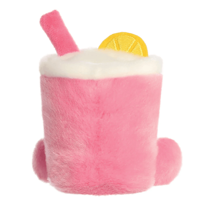 Back view of Zelie Pink Lemonade Palm Pals plush showing pink cup shape, fluffy white top, lemon slice and straw.