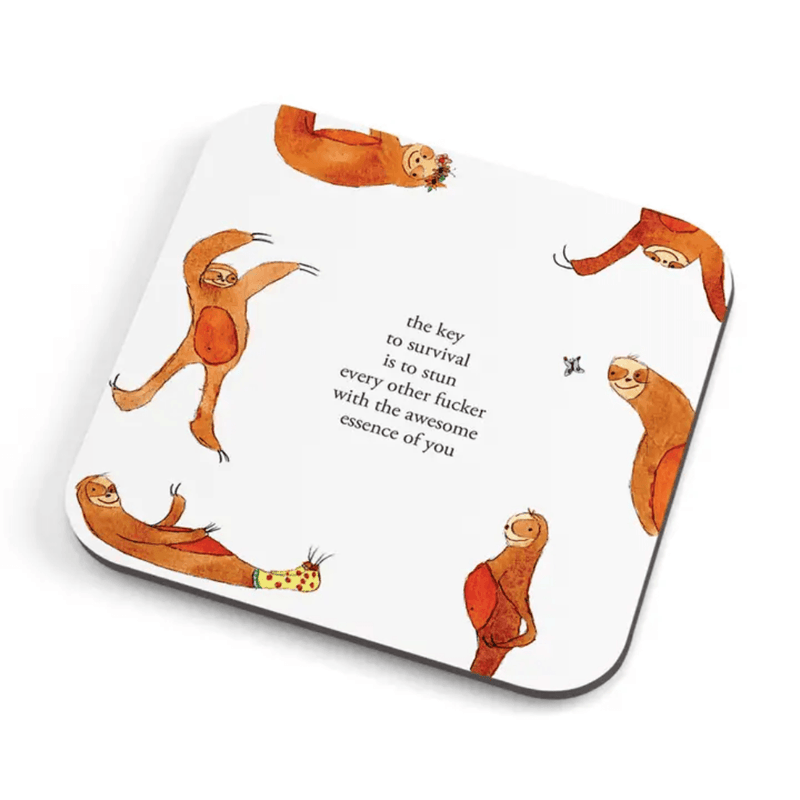 Zeppelinmoon funny rude sloth coaster with illustrated sloths and a sweary motivational quote