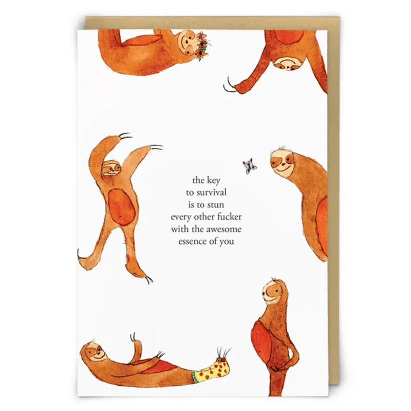 Zeppelinmoon funny rude sloth greetings card with illustrated sloths and sweary motivational quote