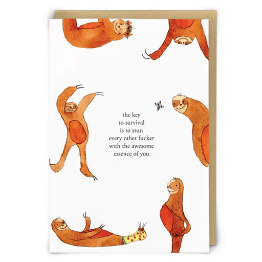 Zeppelinmoon funny rude sloth greetings card with illustrated sloths and sweary motivational quote
