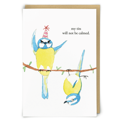 Zeppelinmoon Calm Tits greeting card with two illustrated blue tits on a branch and the text my tits will not be calmed