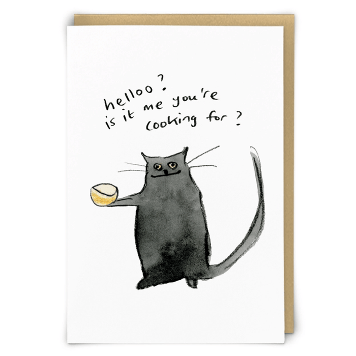 Zeppelinmoon funny black cat greetings card with cooking pun and illustrated cat holding a bowl
