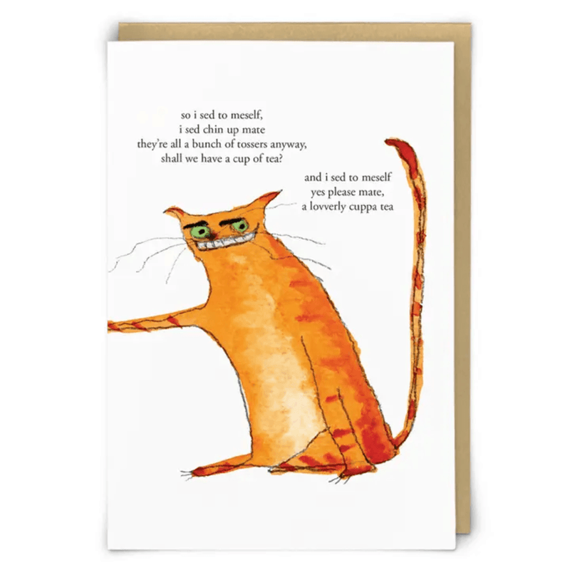 Zeppelinmoon funny rude cat greetings card with orange cat illustration and cup of tea quote