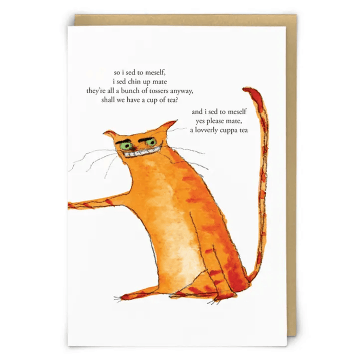 Zeppelinmoon funny rude cat greetings card with orange cat illustration and cup of tea quote