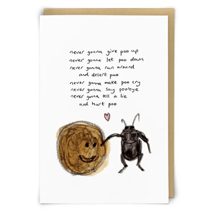 Zeppelinmoon funny dung beetle greetings card with illustrated beetle, smiling poo and parody quote
