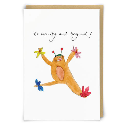 Zeppelinmoon Insanity greeting card featuring a colourful illustrated character with flowers and the words to insanity and beyond with kraft envelope