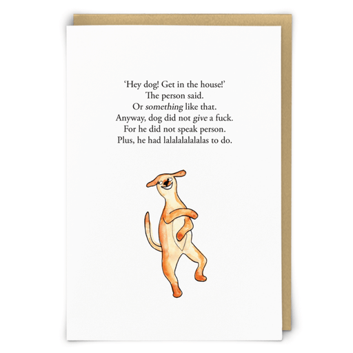 Zeppelinmoon Lala Dog greeting card with an illustrated dancing dog and a funny rude poem about not giving a fuck
